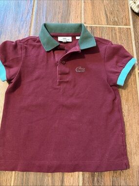 Lacoste Kids Burgundy Polo with Green Collar and Light Blue Sleeve Trim